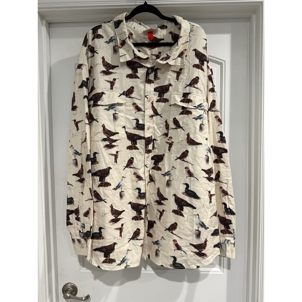 Woolrich Mens 4XL Tall Bird Print Cotton Button Down Shirt Cream Illustrated